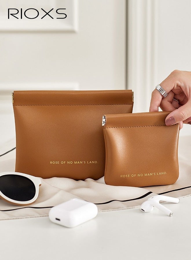 RIOXS 2-piece Women's Storage Bags Set, Automatic Pop-Up Clutch, Hard-Shell Protective Travel Makeup Bag, Portable Multi-Functional Storage Pouch for Electronic Devices, Cables, and Earbuds, Small Storage Box for Hand Cream, Lipstick, and Mini Perfume, Pocket-Sized Toiletry Bag Ideal for the Gym or Daily Commutes, Brown - Image 1