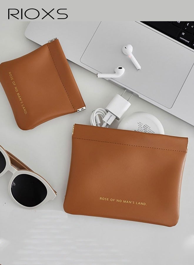 RIOXS 2-piece Women's Storage Bags Set, Automatic Pop-Up Clutch, Hard-Shell Protective Travel Makeup Bag, Portable Multi-Functional Storage Pouch for Electronic Devices, Cables, and Earbuds, Small Storage Box for Hand Cream, Lipstick, and Mini Perfume, Pocket-Sized Toiletry Bag Ideal for the Gym or Daily Commutes, Brown - Image 2