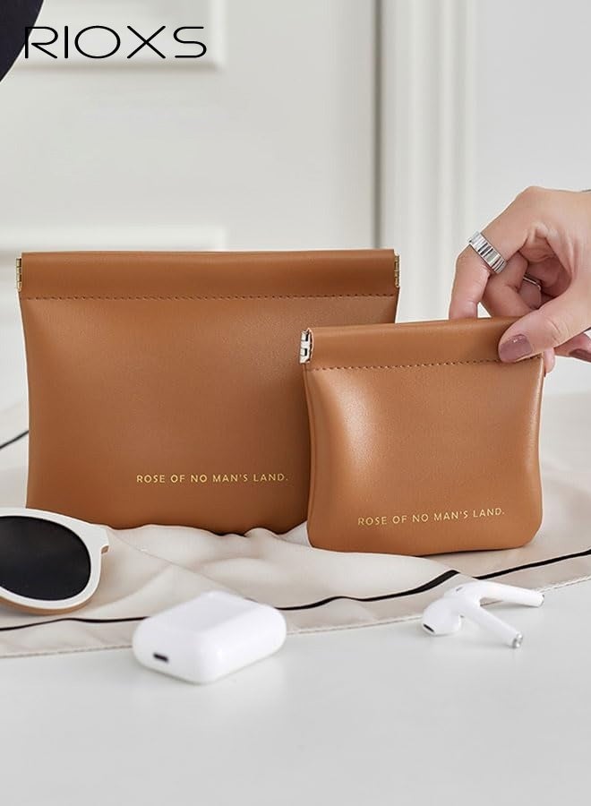 RIOXS 2-piece Women's Storage Bags Set, Automatic Pop-Up Clutch, Hard-Shell Protective Travel Makeup Bag, Portable Multi-Functional Storage Pouch for Electronic Devices, Cables, and Earbuds, Small Storage Box for Hand Cream, Lipstick, and Mini Perfume, Pocket-Sized Toiletry Bag Ideal for the Gym or Daily Commutes, Brown - Image 4