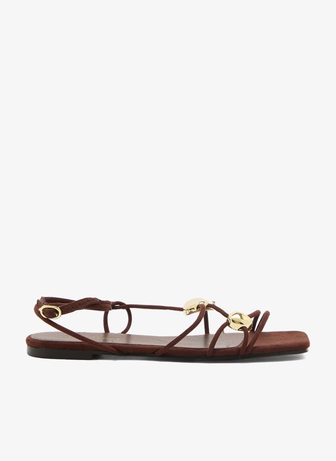 GLAMOROUS Suedette Gold Detail Flat Sandals - Image 1