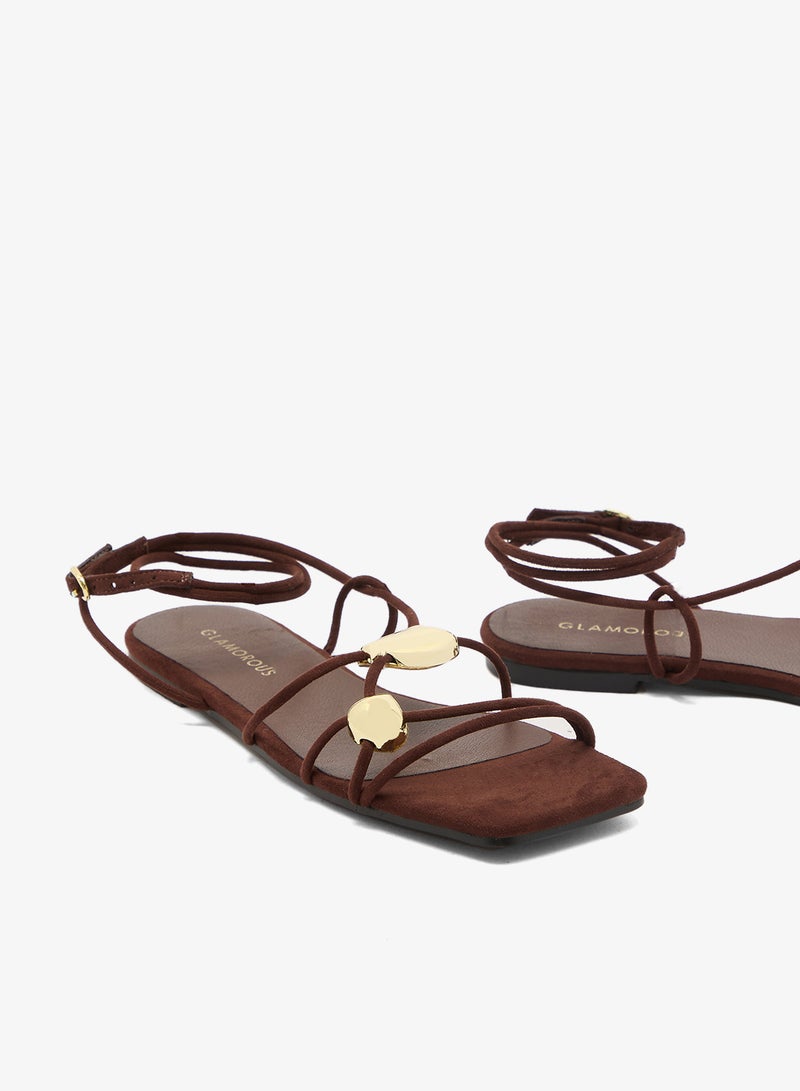 GLAMOROUS Suedette Gold Detail Flat Sandals - Image 4