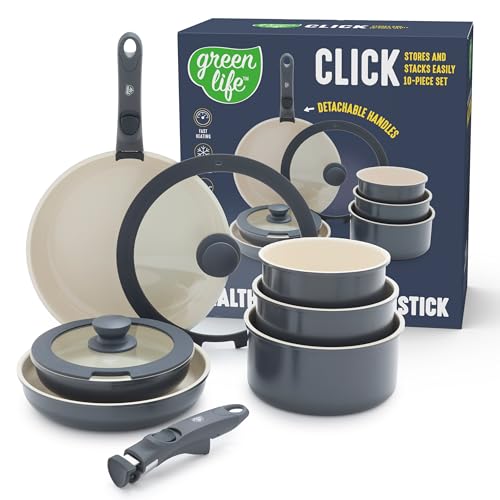 GreenLife 10 Piece Nonstick Pots & Pans Set, Detachable Handle & Stackable Cookware Set, Non Toxic PFAS-Free Skillets, Induction Kitchen Pans, Space Saving, Serving Bowls, Oven Safe, Graphite - Image 1