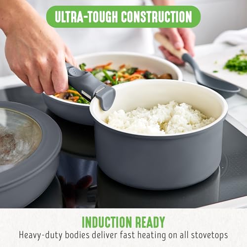 GreenLife 10 Piece Nonstick Pots & Pans Set, Detachable Handle & Stackable Cookware Set, Non Toxic PFAS-Free Skillets, Induction Kitchen Pans, Space Saving, Serving Bowls, Oven Safe, Graphite - Image 4