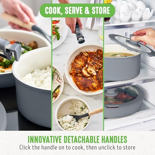 GreenLife 10 Piece Nonstick Pots & Pans Set, Detachable Handle & Stackable Cookware Set, Non Toxic PFAS-Free Skillets, Induction Kitchen Pans, Space Saving, Serving Bowls, Oven Safe, Graphite - Image 3