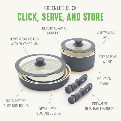 GreenLife 10 Piece Nonstick Pots & Pans Set, Detachable Handle & Stackable Cookware Set, Non Toxic PFAS-Free Skillets, Induction Kitchen Pans, Space Saving, Serving Bowls, Oven Safe, Graphite - Image 5
