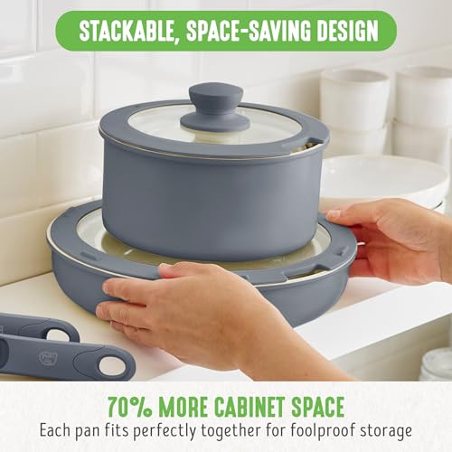 GreenLife 10 Piece Nonstick Pots & Pans Set, Detachable Handle & Stackable Cookware Set, Non Toxic PFAS-Free Skillets, Induction Kitchen Pans, Space Saving, Serving Bowls, Oven Safe, Graphite - Image 2