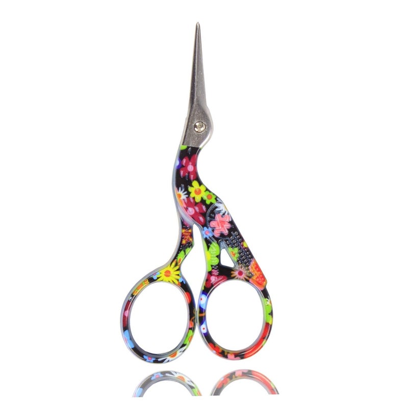 BIHRTC Stork Bird Scissors Embroidery Sewing Scissors Small Shears for Crafting Art Work Threading Needlework DIY Tools Dressmaker Everyday Use 3.6 Inch Black Floral Pattern - Image 1