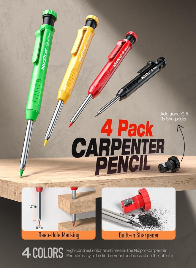 Nicpro 4 Pack Carpenter Pencil with Sharpener, Mechanical Carpenter Pencils with 52 Refills, Construction Pencil Heavy Duty Woodworking Pencils for Architect (Red, Black, Yellow, Blue) - Image 2