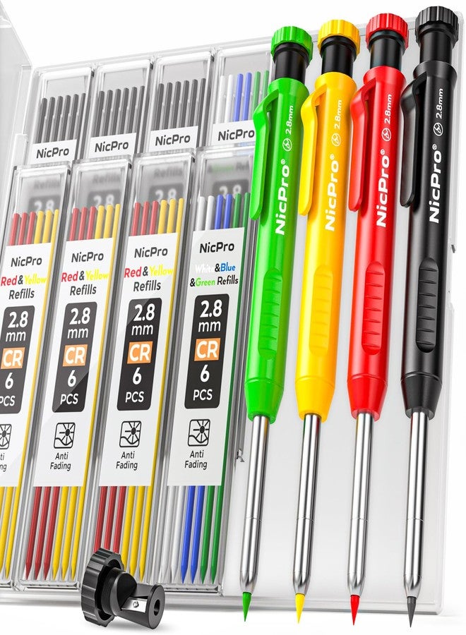 Nicpro 4 Pack Carpenter Pencil with Sharpener, Mechanical Carpenter Pencils with 52 Refills, Construction Pencil Heavy Duty Woodworking Pencils for Architect (Red, Black, Yellow, Blue) - Image 1