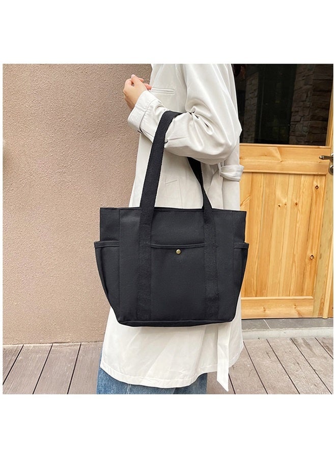 Canvas Tote Bag with Zipper, Multiple Pockets for Daily Essentials, Travel, Work，black - Image 2