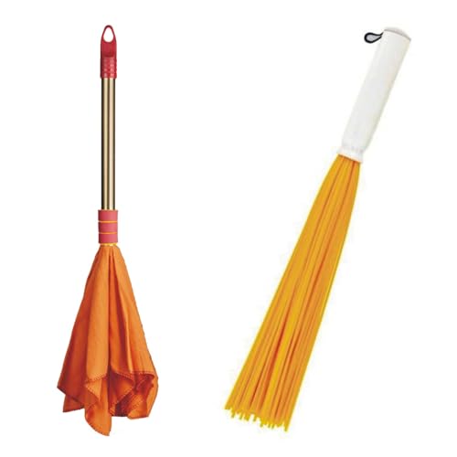 VIMAL Combo Set of TinTin 20 Inch Plastic Broom for Bathroom Wet Floor Cleaning + Duster Dust Mop (Hi-density Dusting Cloth with Handle) Orange Colour Flannel Cloth Stick for Home/Shop/Office Cleaning - Image 1