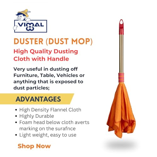 VIMAL Combo Set of TinTin 20 Inch Plastic Broom for Bathroom Wet Floor Cleaning + Duster Dust Mop (Hi-density Dusting Cloth with Handle) Orange Colour Flannel Cloth Stick for Home/Shop/Office Cleaning - Image 2