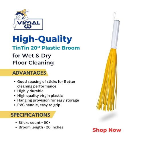 VIMAL Combo Set of TinTin 20 Inch Plastic Broom for Bathroom Wet Floor Cleaning + Duster Dust Mop (Hi-density Dusting Cloth with Handle) Orange Colour Flannel Cloth Stick for Home/Shop/Office Cleaning - Image 5