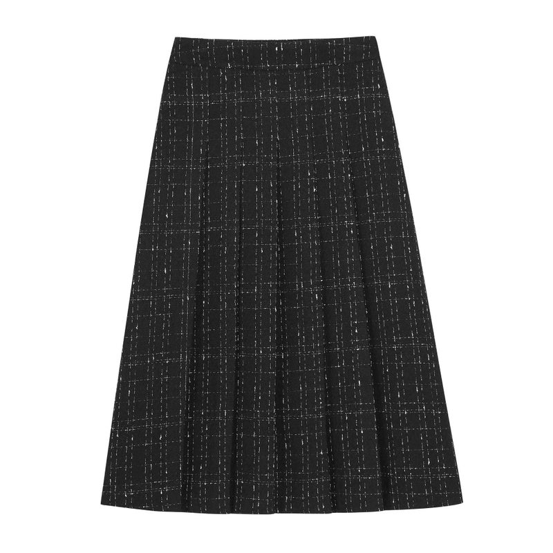 Elegant Tweed Pleated Midi Skirt Autumn Winter Plus Size Black 