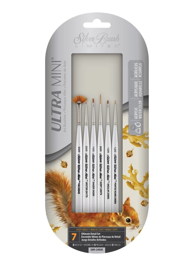 Silver Brush Limited UMS-2460S Ultra Mini Basic Miniature Detail Set, Paintbrushes for Watercolor, Gouache, Inks, Dyes, Acrylic, & Heavy Body Paints, Set of 6, Short Handle  - Image 1