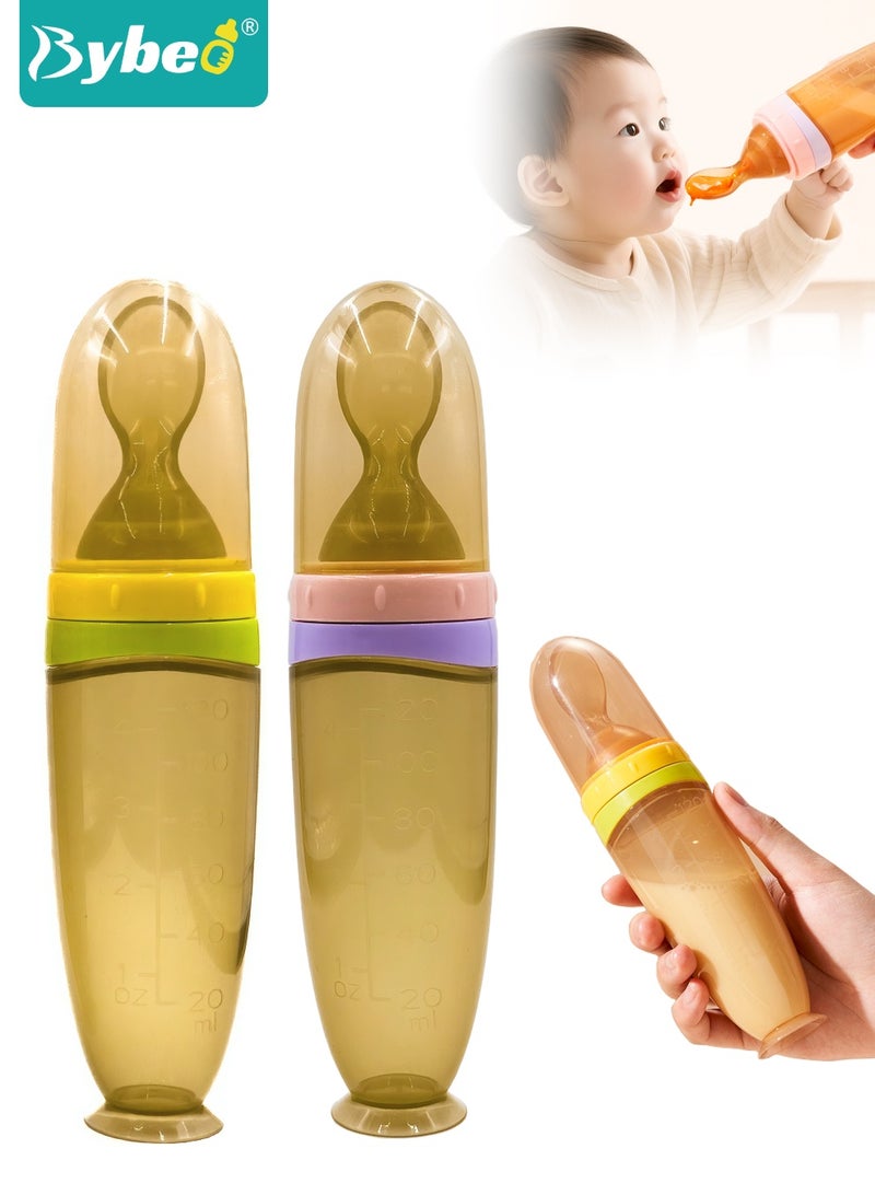 Bybeo 2 Pieces Baby Food Feeder, Silicone Baby Feeding Spoon with Standing Base for Infants Dispensing and Feeding, Squeeze Feeding Spoons for Boys Girls Kids, Self Feeding Bottle Spoon, BPA Free - Image 1