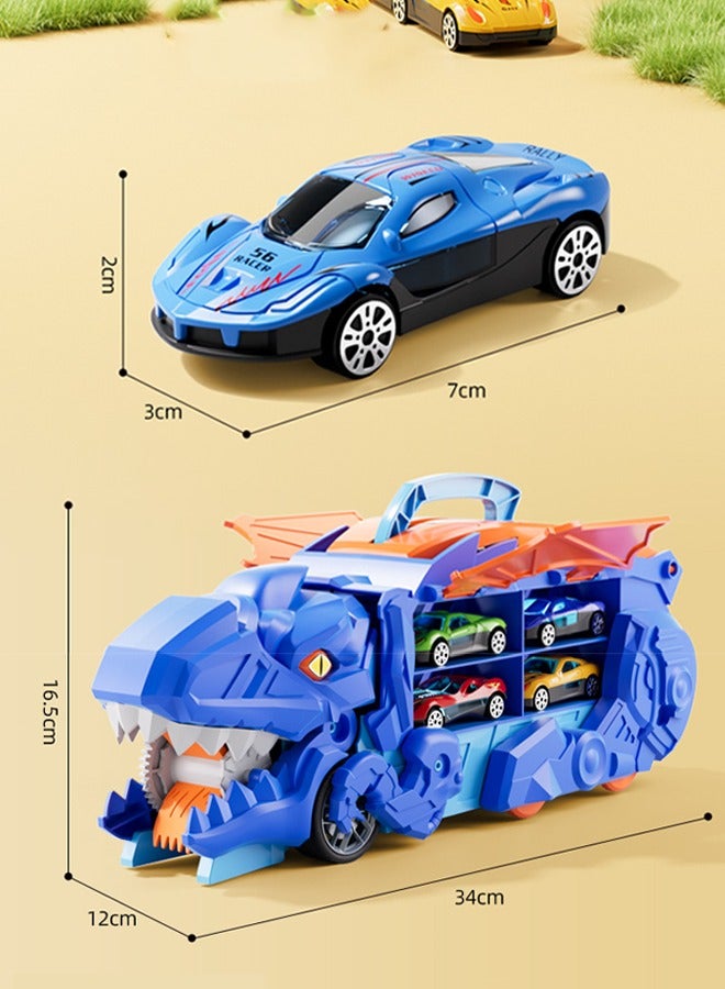 Transforming Dinosaur Toy Car Carrier， Cars Track Set Dinosaur Transporter Truck， Dinosaur Hauler Truck with Race Track, Transporter Car Toys Gifts Set， With 4 alloy cars - Image 2