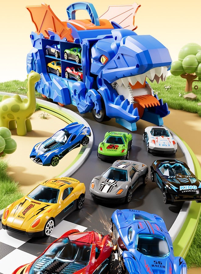 Transforming Dinosaur Toy Car Carrier， Cars Track Set Dinosaur Transporter Truck， Dinosaur Hauler Truck with Race Track, Transporter Car Toys Gifts Set， With 4 alloy cars - Image 5