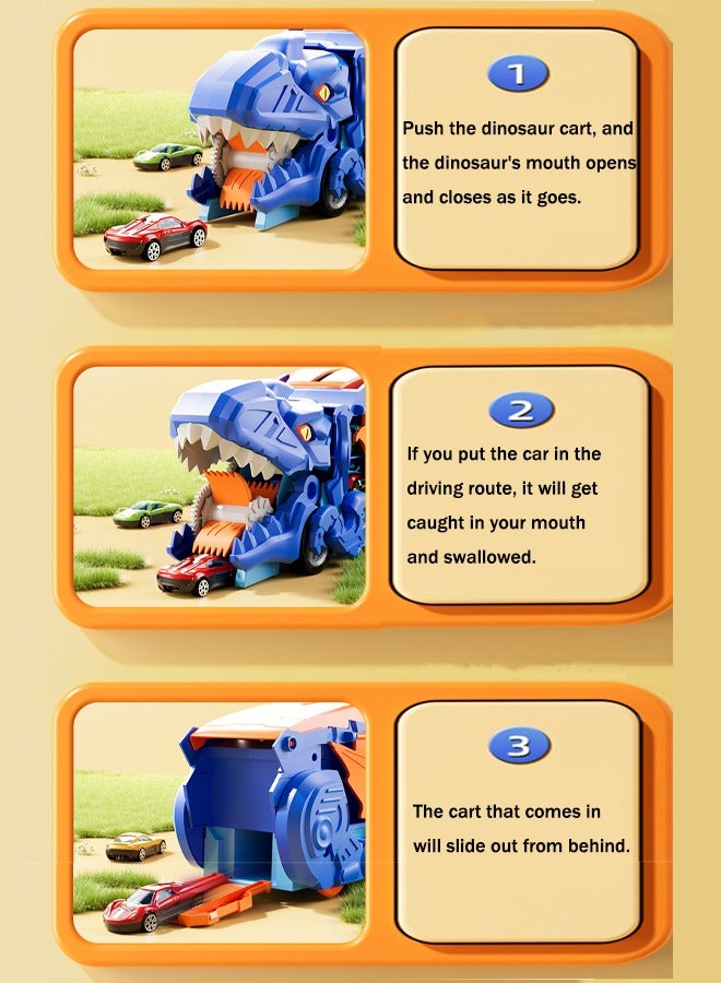 Transforming Dinosaur Toy Car Carrier， Cars Track Set Dinosaur Transporter Truck， Dinosaur Hauler Truck with Race Track, Transporter Car Toys Gifts Set， With 4 alloy cars - Image 3