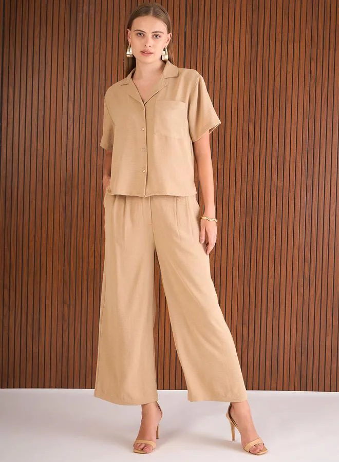 ساسافراس Sassafras Beige Notch Lapel Collar Shirt and Straight Pants Co-Ords