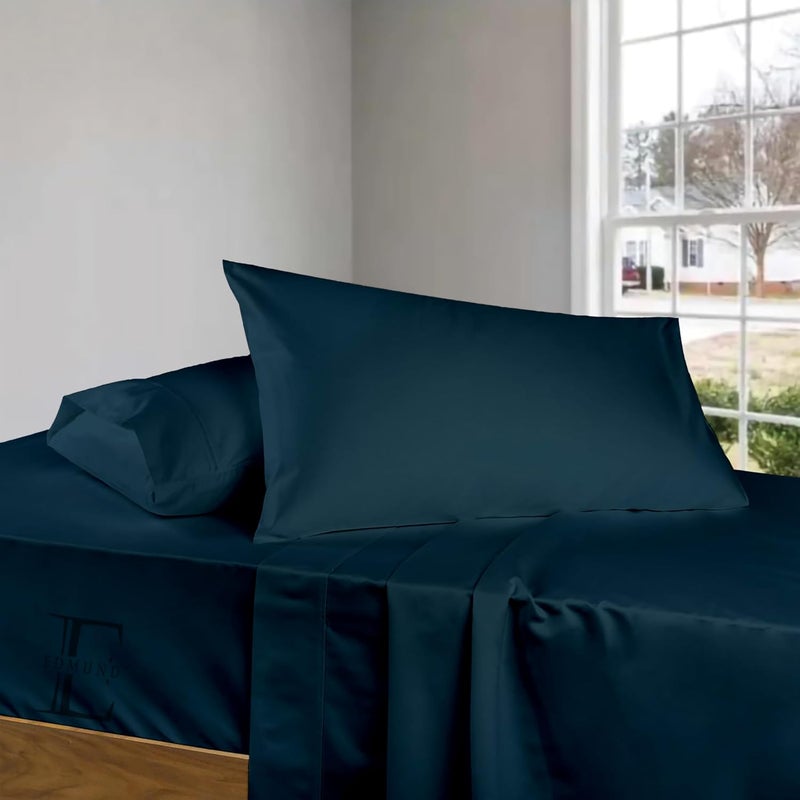 Edmund Double Bed Cotton Bedsheet 90x100 Inch Soft Smooth 400 TC Egyptian Cotton Bedsheet Double Bed with Pillow Cover Machine Washable Breathable Hypoallergenic Navy Blue - Image 2