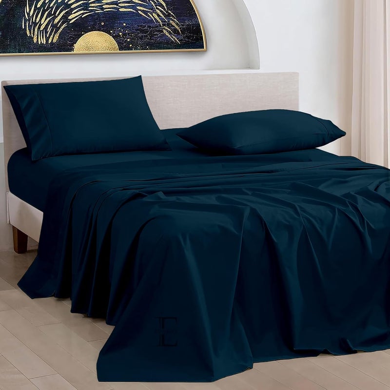 Edmund Double Bed Cotton Bedsheet 90x100 Inch Soft Smooth 400 TC Egyptian Cotton Bedsheet Double Bed with Pillow Cover Machine Washable Breathable Hypoallergenic Navy Blue - Image 1