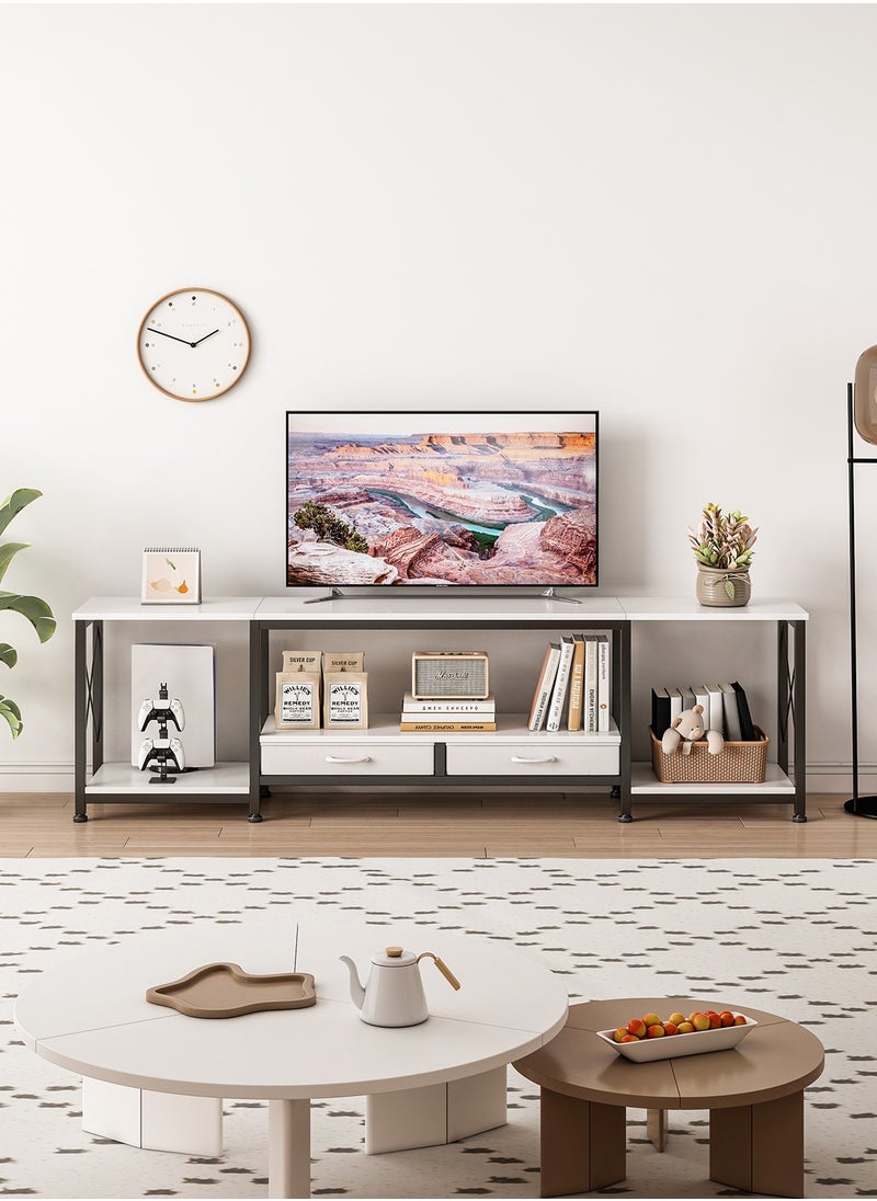 69-Inch TV Stand with 2 Fabric Drawers & Open Shelves, Modern Media Console for Living Room/Bedroom - White Entertainment Center with Storage, Space-Saving Design