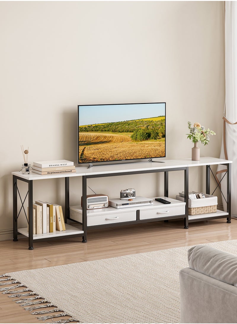 69-Inch TV Stand with 2 Fabric Drawers & Open Shelves, Modern Media Console for Living Room/Bedroom - White Entertainment Center with Storage, Space-Saving Design