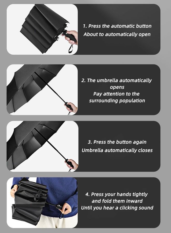 Joychic 12 Ribs Strong Large Auto Open-Close Sun Rain Wind-proof Travel Umbrella For Men Women Adults Black - Image 4