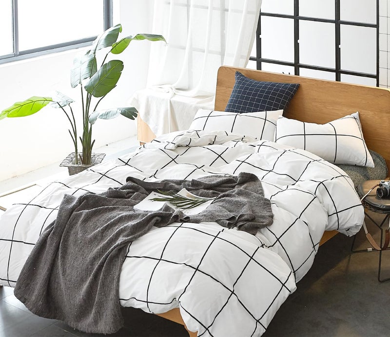 CLOTHKNOW White Plaid Comforter Set Twin 3Pcs White Black Bedding Comforter Set Grid Twin Comforter White and Black Comforter Sets Twin - Image 4