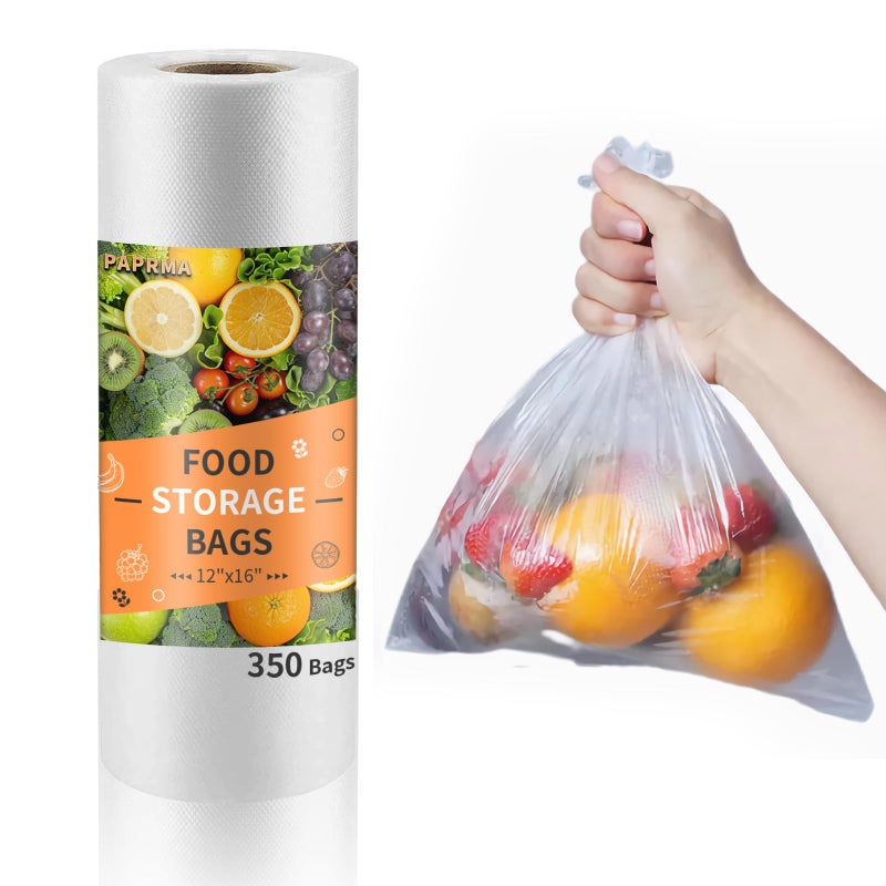 PAPRMA 12 x 16 Food Storage Bags Clear Plastic Produce Bag Disposable Plastic Bags for Food Vegetable 1 Roll 350pcs on a Roll