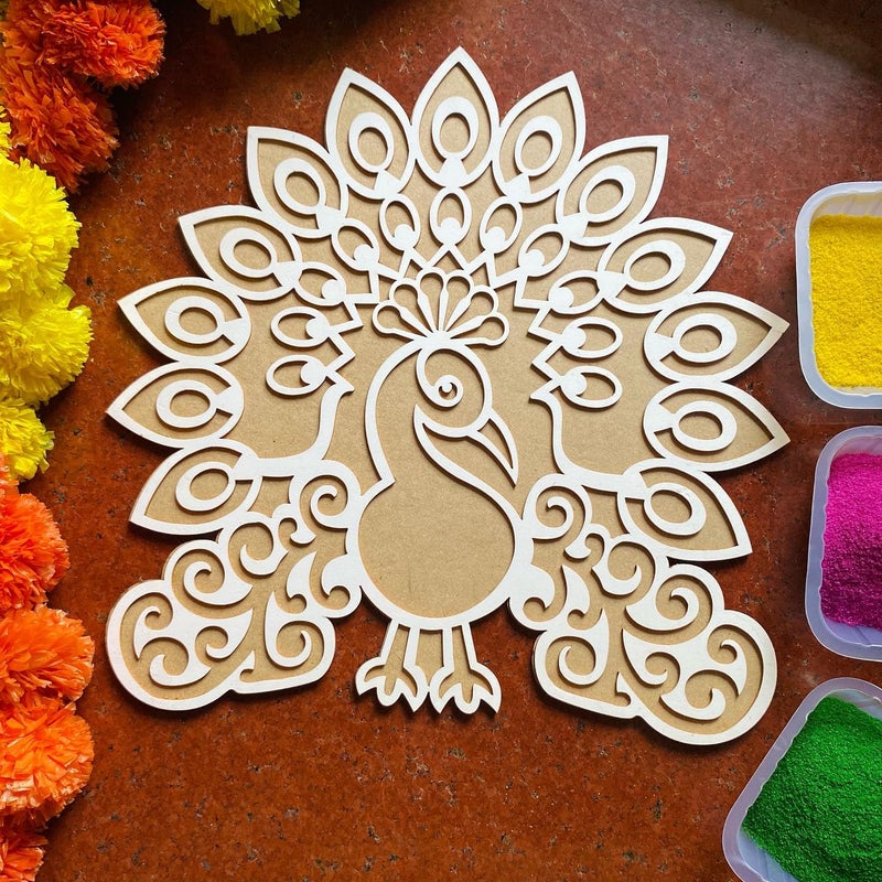 Craftvatika Rangoli Stencils Peacock Rangoli Making Frame for Diwali Decoration Item for Home Decor - MDF Stencil Rangoli FreeI Rangoli for Pooja Room & Living Decor Diwali Festival Gift Item - Image 5
