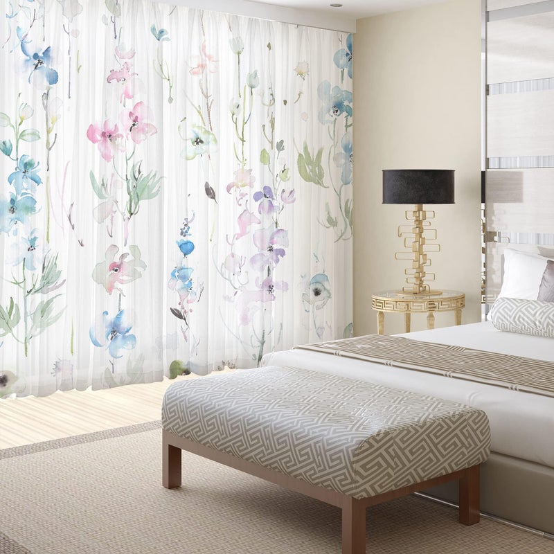 Fereyis Floral Leaves Curtains for Living Room 84 inch Length 2 Panels Set Elegant Blue Pink Spring Flower Printed Window Curtain Natural Sheer Curtains Chiffon Drapes for Bedroom - Image 2