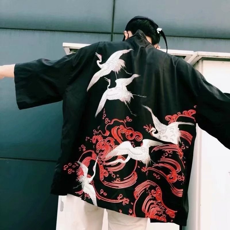Trendy Korean Summer Mens Open Cardigan with Dragon Print 07 Sun Crane Black 