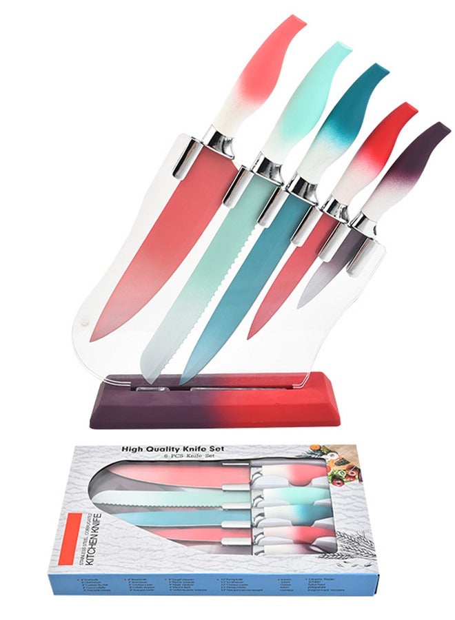 ZCM-HAPPY Premium Six-Piece Stainless Steel Colored Knife Set with Gradient Seahorse and Ergonomic Rubber/Plastic Handles, Complete with Stylish Knife Base - Enhance Your Culinary Experience  - Image 1