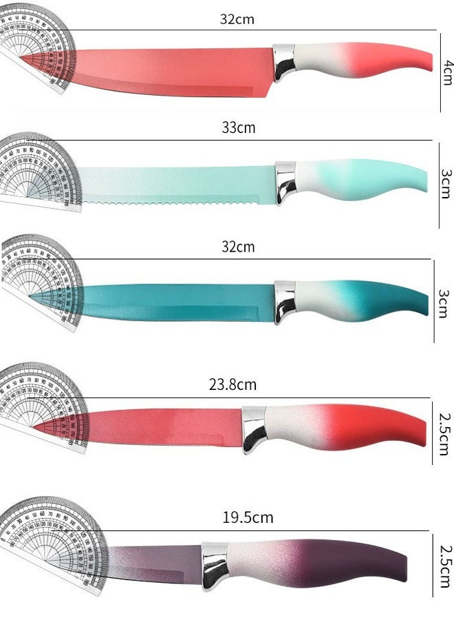 ZCM-HAPPY Premium Six-Piece Stainless Steel Colored Knife Set with Gradient Seahorse and Ergonomic Rubber/Plastic Handles, Complete with Stylish Knife Base - Enhance Your Culinary Experience  - Image 2