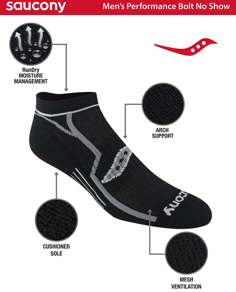 Saucony Men's Multi-Pack Bolt Performance Comfort Fit No-Show Socks, Black Assorted (6 Pairs), Shoe Size: 13-15 - Image 2