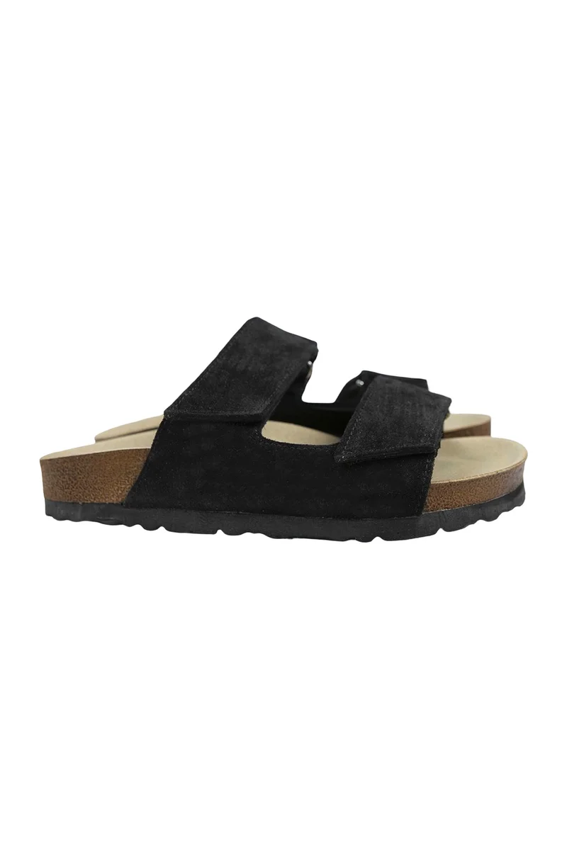 Manijero Manijero Vina Women's Genuine Leather Double Velcro Black Suede Slippers