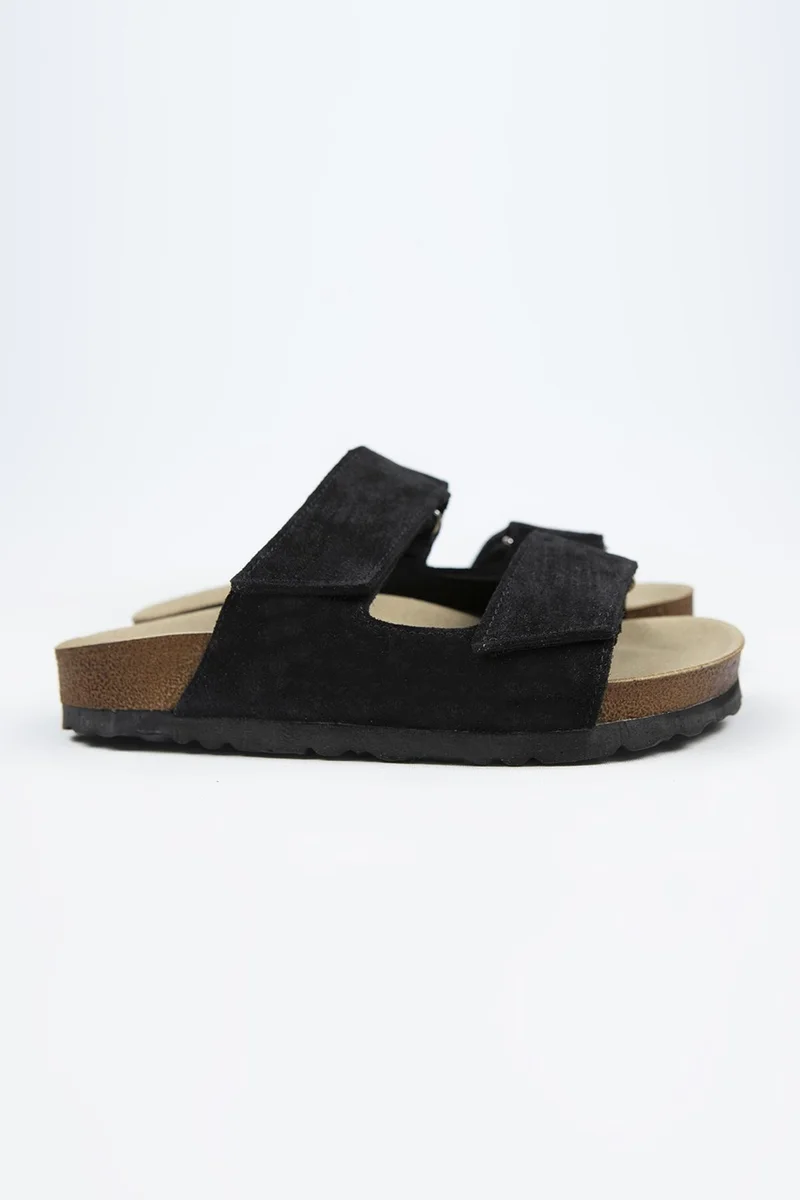 Manijero Manijero Vina Women's Genuine Leather Double Velcro Black Suede Slippers