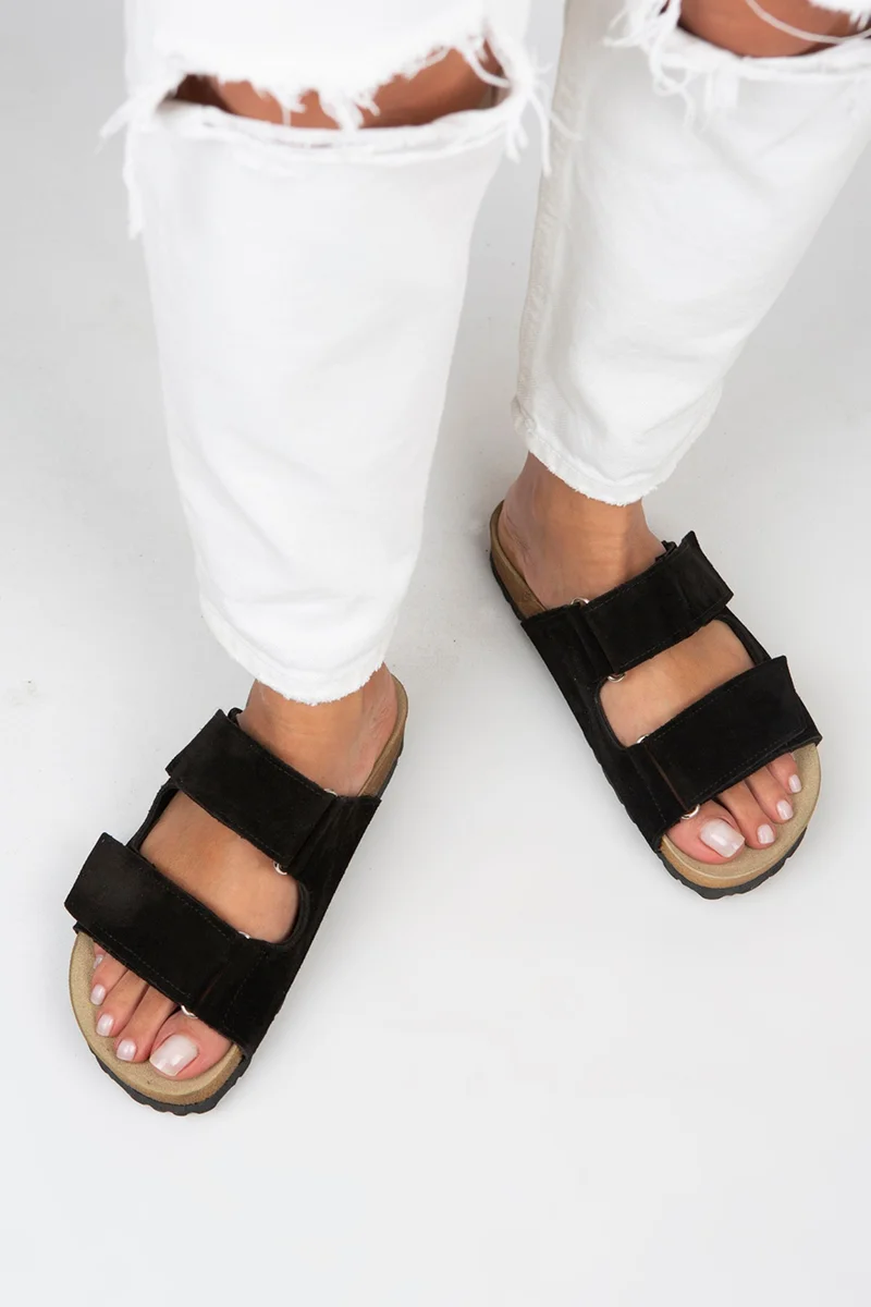 Manijero Manijero Vina Women's Genuine Leather Double Velcro Black Suede Slippers