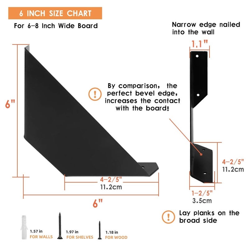 Homydom Floating Shelf Brackets 6 Inch For 6-8 Inch Board Flat Angle Curved Decorative Shelf Brackets Heavy Duty Floating Industrial Shelves L Brackets Rustic Farmhouse Black (4-Pack Hardware Only) - Image 3