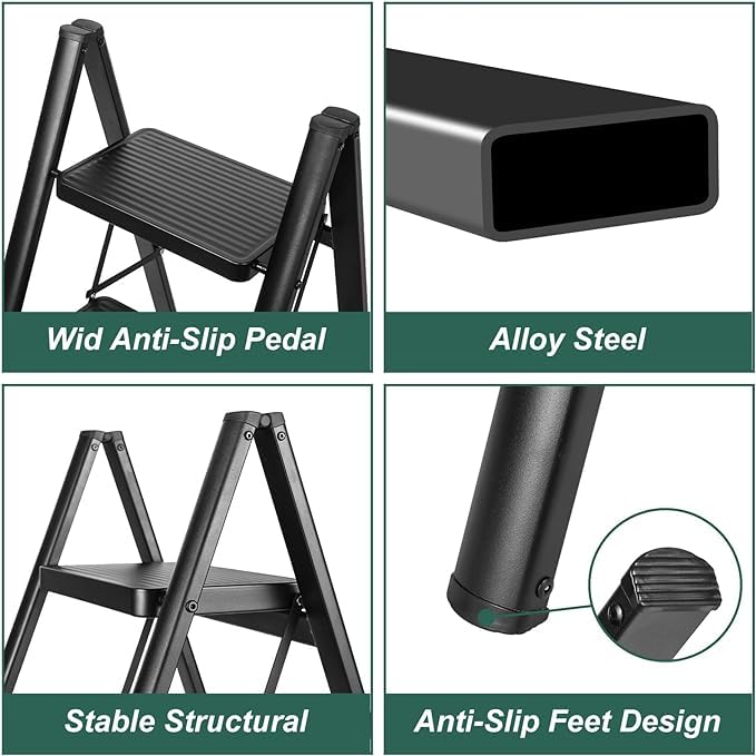 FEELING MALL 3 Step Ladder Folding Step Stool with NonSlip Pedals Portable Stepping Stool for Adults Sturdy Steel Ladder Space Saving for Home Anti Skid Feet Support 330lbs Black - Image 3