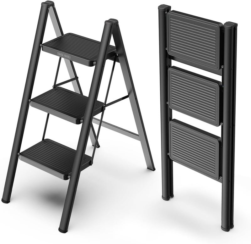 FEELING MALL 3 Step Ladder Folding Step Stool with NonSlip Pedals Portable Stepping Stool for Adults Sturdy Steel Ladder Space Saving for Home Anti Skid Feet Support 330lbs Black - Image 2
