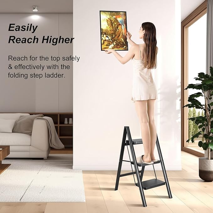 FEELING MALL 3 Step Ladder Folding Step Stool with NonSlip Pedals Portable Stepping Stool for Adults Sturdy Steel Ladder Space Saving for Home Anti Skid Feet Support 330lbs Black - Image 4