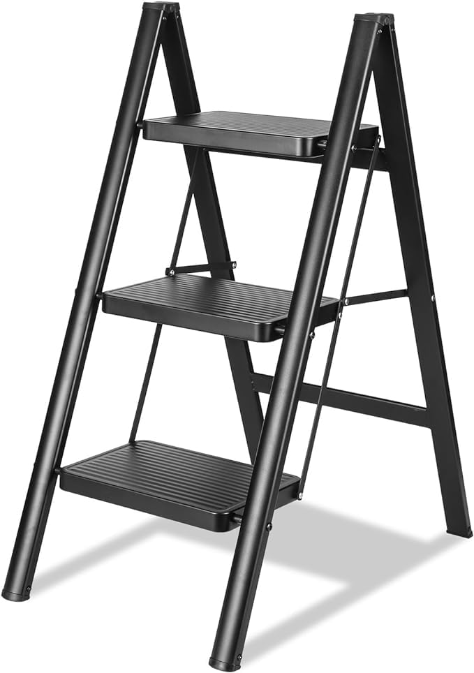 FEELING MALL 3 Step Ladder Folding Step Stool with NonSlip Pedals Portable Stepping Stool for Adults Sturdy Steel Ladder Space Saving for Home Anti Skid Feet Support 330lbs Black - Image 1