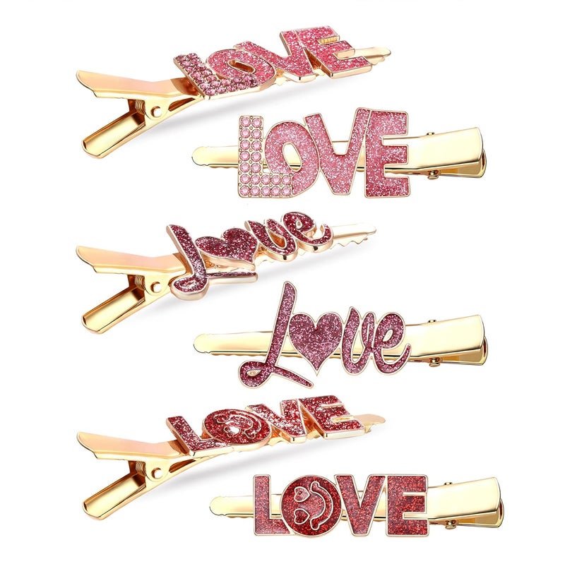 BVGA Glitter Valentines Day Hair Clips Rhinestone Love Letter Hairpins for Women Girls Sweet Romantic Cupid Heart Alligator Clips Barrettes Pretty Styling Hair Accessory Holiday Party Gifts