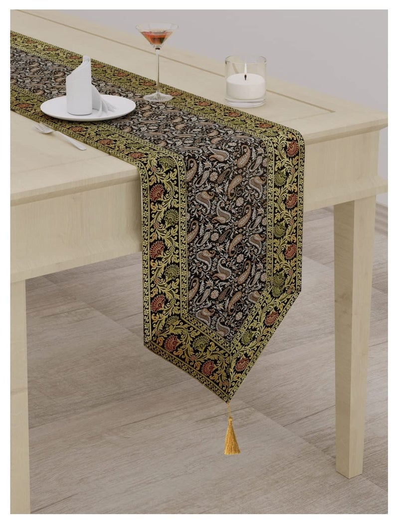 E - Ezra EEZRA Silk Long Table Runner for Dinning Centre Table Tassels End V Shpae Runner Tablecloth Size 14 X 80 inches - Image 1