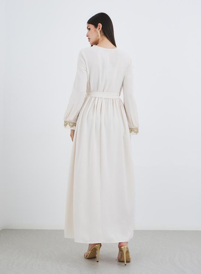 Amirah Women Cream Lace Detail V Neck Jalabiya with Fabric Belt - Image 5