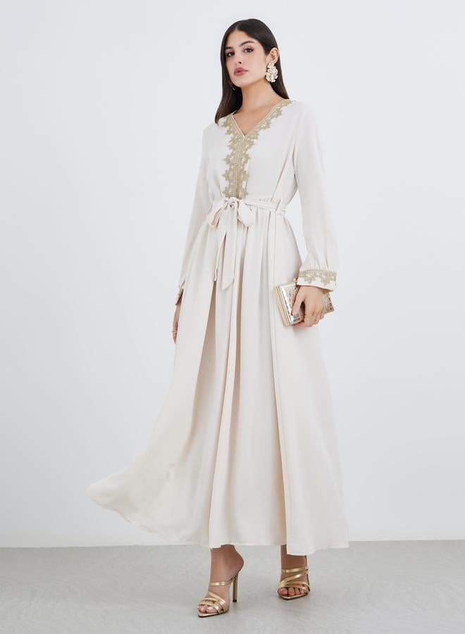 Amirah Women Cream Lace Detail V Neck Jalabiya with Fabric Belt - Image 2