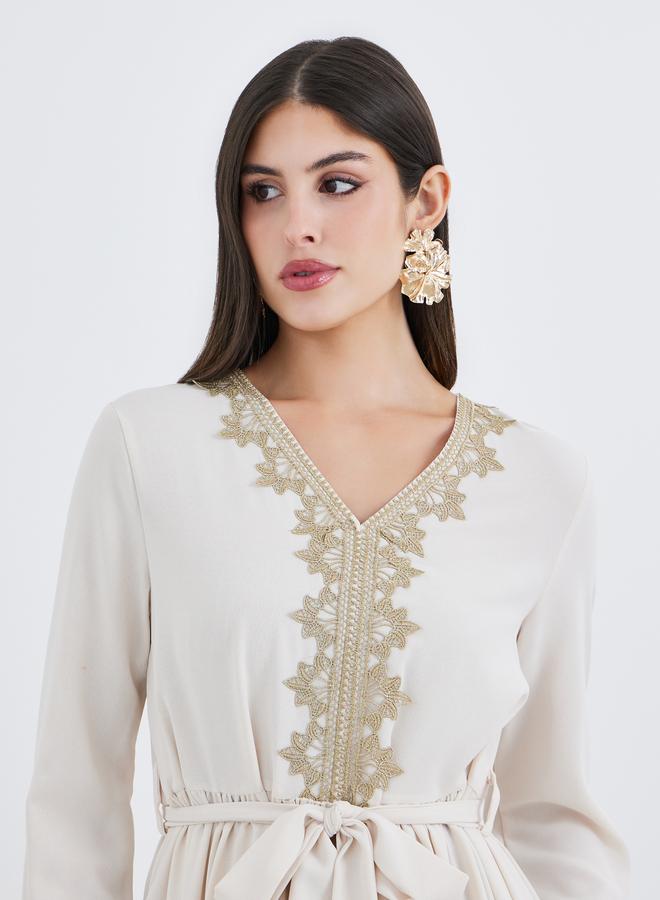 Amirah Women Cream Lace Detail V Neck Jalabiya with Fabric Belt - Image 4